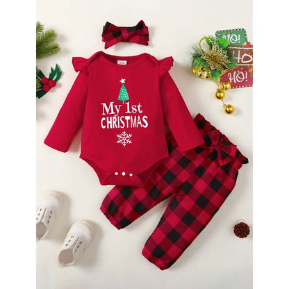 Baby Girl Christmas Outfit 3Pcs Set | Alphabet Print Bodysuit + Red Plaid Pants + Headband (0–18 Months)