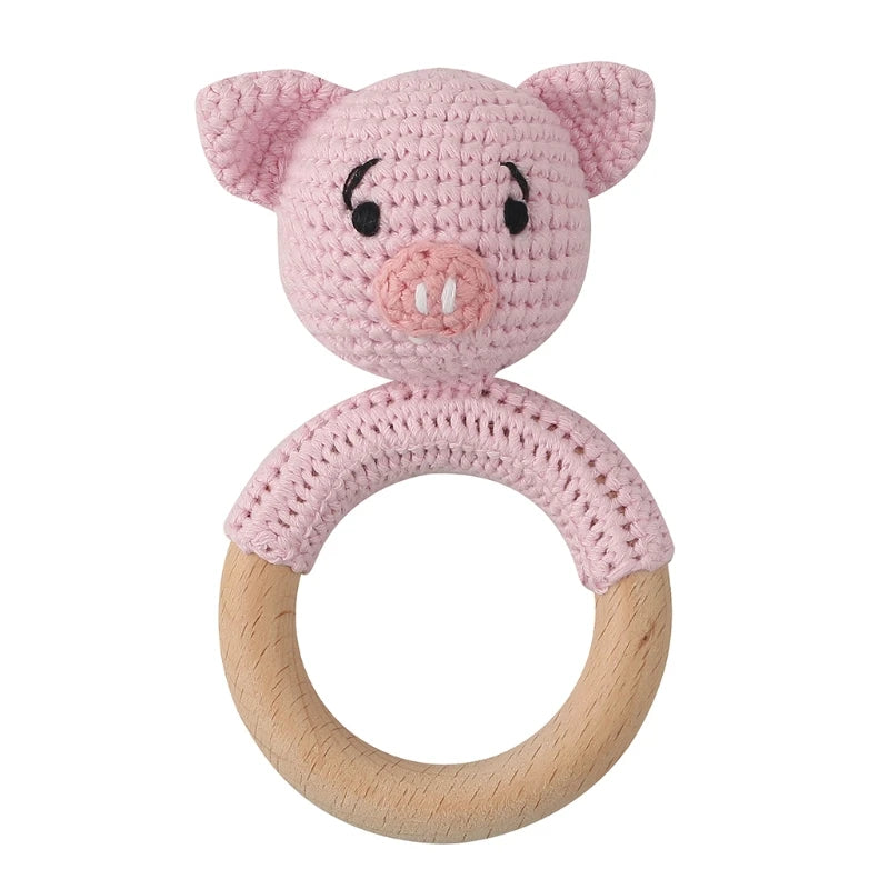 Crochet Bunny Baby Teether & Rattle Set | Beech Wooden Teething Ring + Pacifier Clip | Newborn Montessori Educational Toy