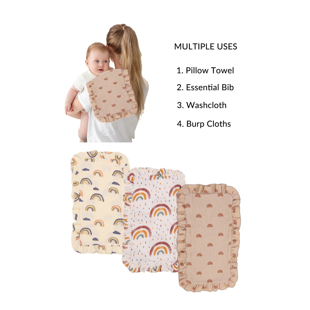 100% Cotton 4-Layer Baby Burp Cloths – Soft & Absorbent Large Muslin Washcloths | Newborn Burping Rags & Infant Essentials (3 Pack)