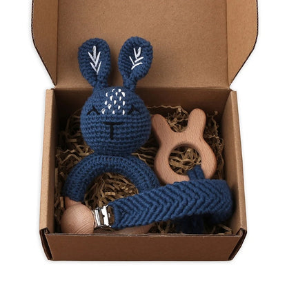 Handmade Crochet Baby Deer & Rabbit Stuffed Dolls with Wooden Teething Ring and Pacifier Chain Clips – Newborn Bunny Rattle Toy, 3 or 4 pcs Set