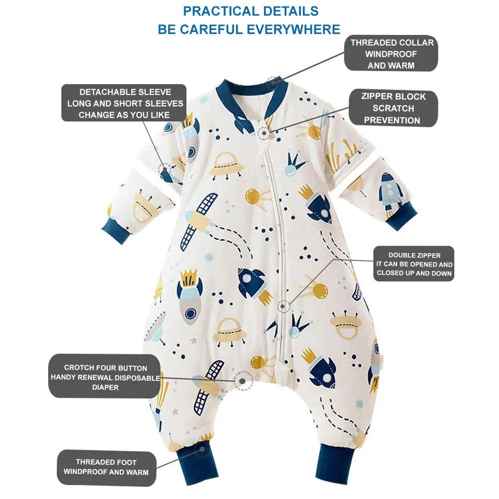 Baby Cartoon Split-Legged Sleepsack – Thickened Children’s Sleeping Bag with Detachable Sleeves for Boys & Girls, Autumn & Winter