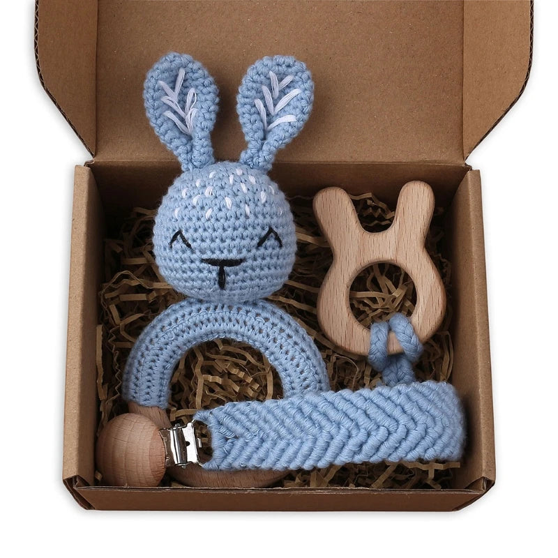 Crochet Bunny Baby Teether & Rattle Set | Beech Wooden Teething Ring + Pacifier Clip | Newborn Montessori Educational Toy
