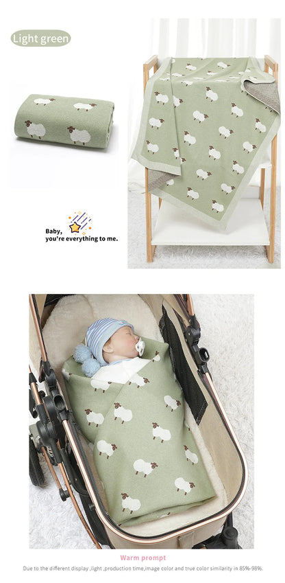 Infant Baby Cotton Blanket 90x70cm – Soft Sleepsack & Swaddle Quilt with Cute Cartoon Sheep | Newborn Boy & Girl Bedding Plaid for Crib & Stroller