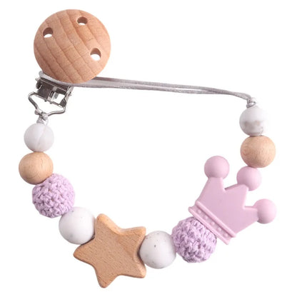 Baby Pacifier Chain Clip | Wooden Pentagram Teether with Silicone Round Beads | Safe Teething Chain & Soother Holder