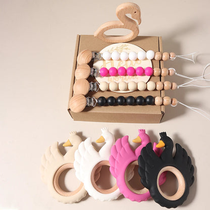 4pcs Baby Gift Set – Swan Teether, Baby Bibs, Flamingo Pacifier Chain & Rattle | Newborn Teething Toy & Photography Props