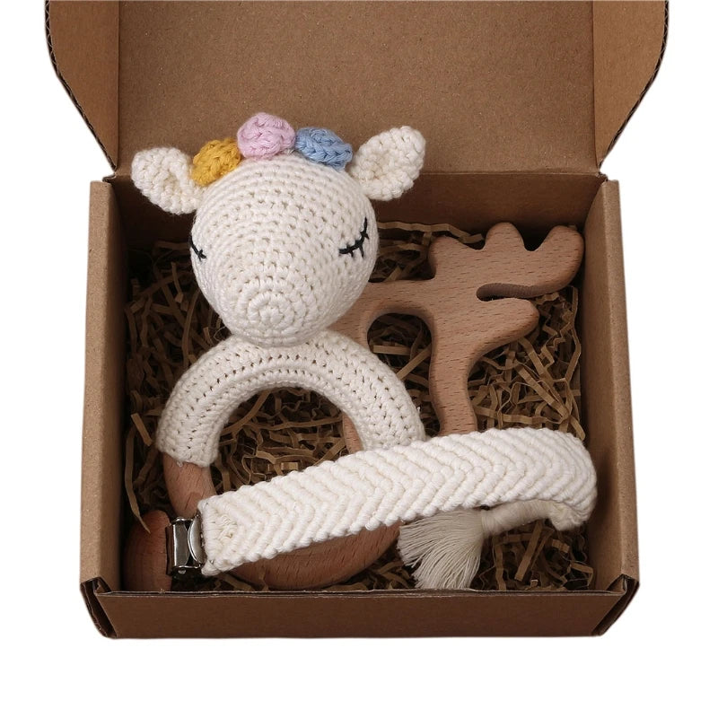 Crochet Bunny Baby Teether & Rattle Set | Beech Wooden Teething Ring + Pacifier Clip | Newborn Montessori Educational Toy