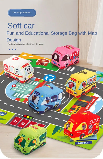 Baby Montessori Soft Car Toy with Map Game Mat & Cloth Book – Sensory Training & Educational Toy Storage Bag for Toddlers