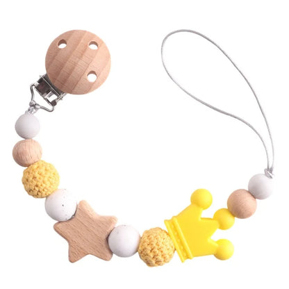 Baby Pacifier Chain Clip | Wooden Pentagram Teether with Silicone Round Beads | Safe Teething Chain & Soother Holder