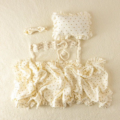 Newborn Photography Wrap & Backdrop Set – Soft Beige Blanket with Pocket, Bow Headband & Pillow | Baby Photo Shoot Props (0–1 Month)