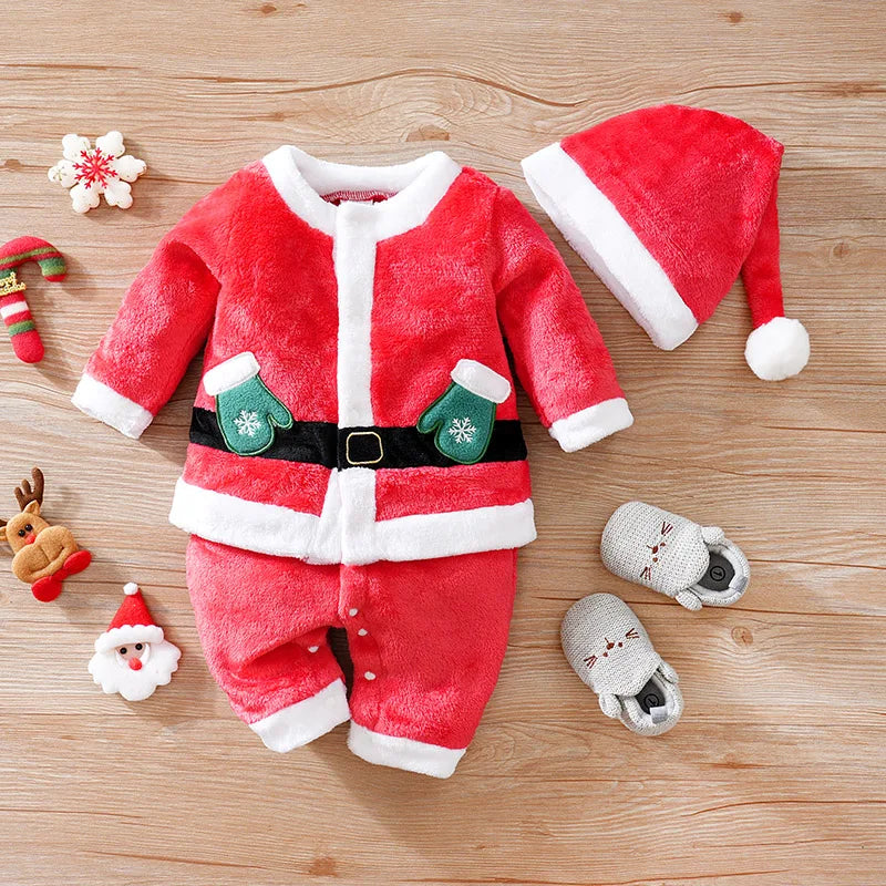 Baby Christmas Velvet Jumpsuit | Warm Long-Sleeve Winter Outfit | Thickened Role-Play Costume (0–18 Months)