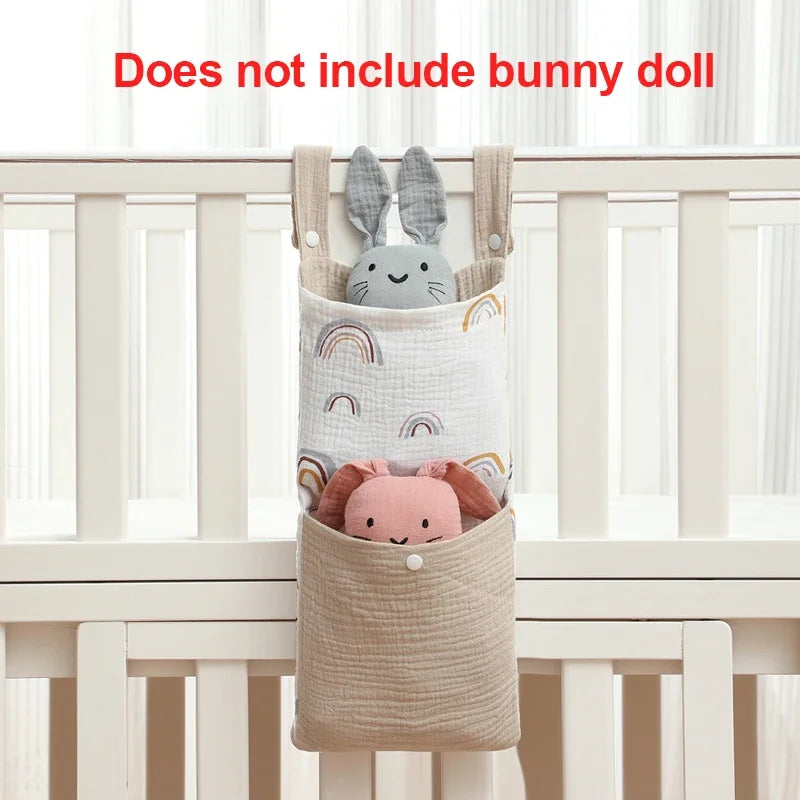 Baby Bed Hanging Storage Bag | Cotton Crib Organizer with Diaper & Toy Pockets | Newborn Bedding Accessories