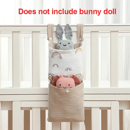 Baby Bed Hanging Storage Bag | Cotton Crib Organizer with Diaper & Toy Pockets | Newborn Bedding Accessories