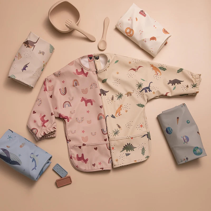 Little Boy Girl Painting Smock Baby's Soft Waterproof Bib Child Meal Eating Apron with Long Sleeves Kid Adjustable Feeding Cloth