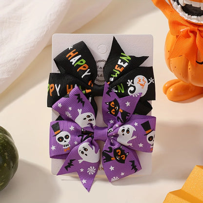 2PCS Baby Girl Halloween Hair Bows | Pumpkin Ghost Print Hair Clips | Toddler Kids Bowknot Hairpins & Accessories