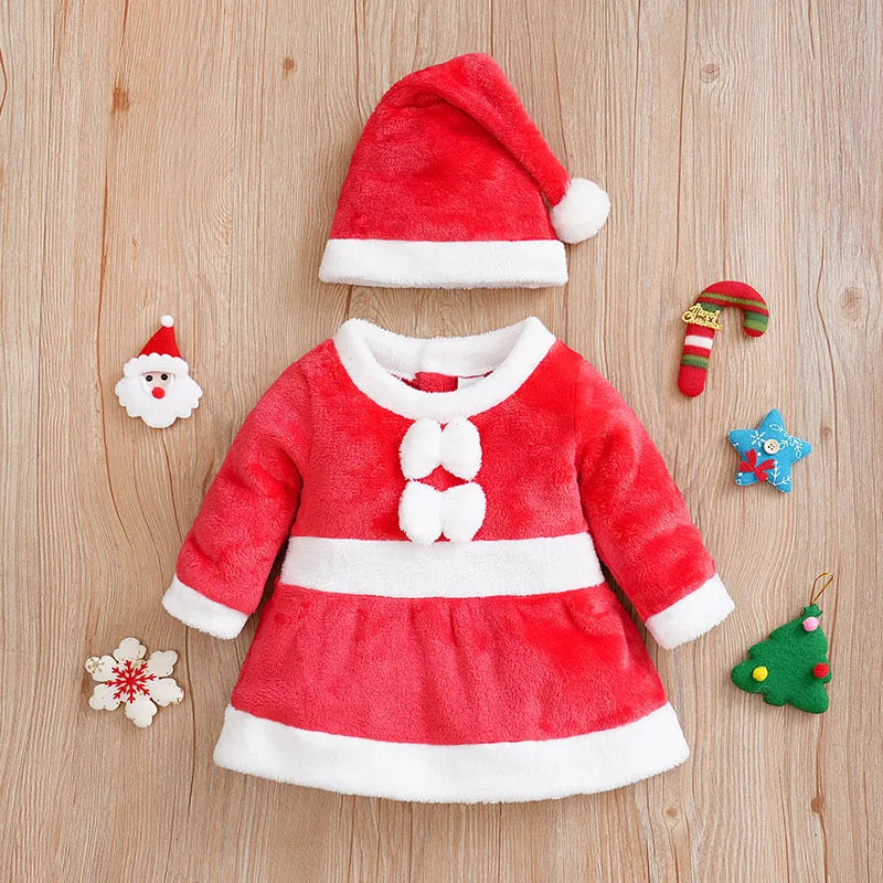 Christmas Baby Girl Outfit | Newborn Bow Flannel Dress + Hat | Soft Long Sleeve Winter Clothes 0–18 Months