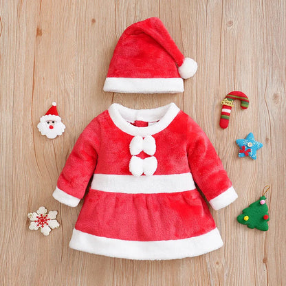 Christmas Baby Girl Outfit | Newborn Bow Flannel Dress + Hat | Soft Long Sleeve Winter Clothes 0–18 Months