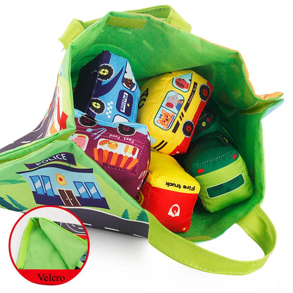 Baby Montessori Soft Car Toy with Map Game Mat & Cloth Book – Sensory Training & Educational Toy Storage Bag for Toddlers