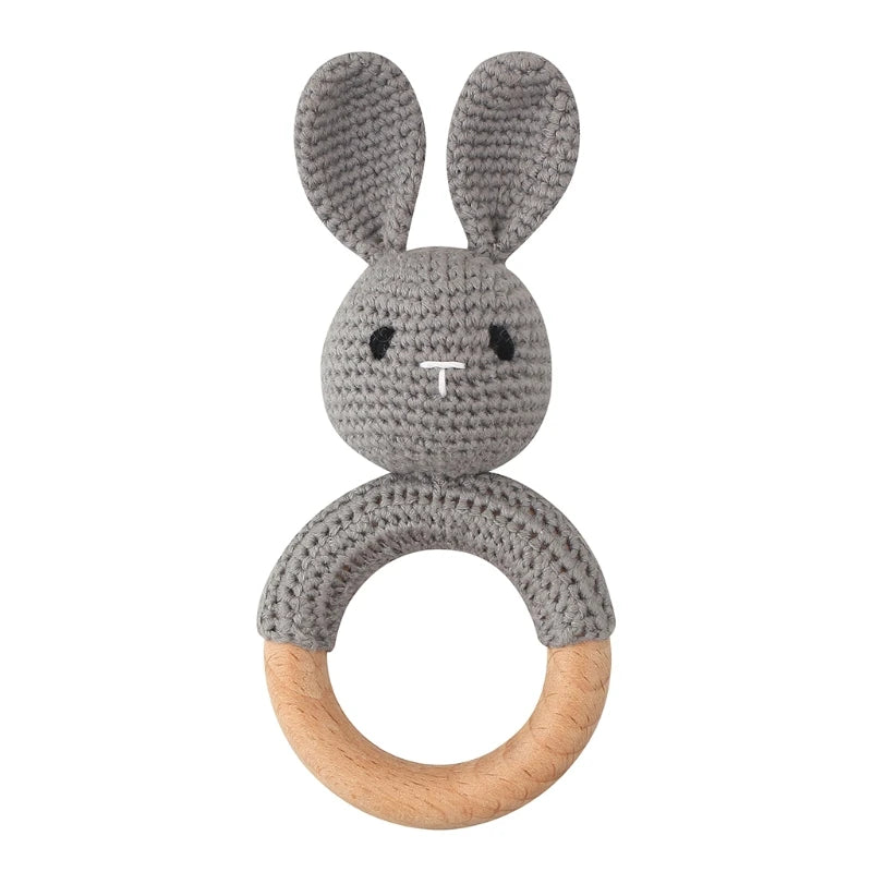 Crochet Bunny Baby Teether & Rattle Set | Beech Wooden Teething Ring + Pacifier Clip | Newborn Montessori Educational Toy