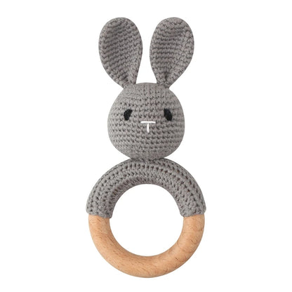 Crochet Bunny Baby Teether & Rattle Set | Beech Wooden Teething Ring + Pacifier Clip | Newborn Montessori Educational Toy