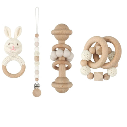 Handmade Crochet Baby Deer & Rabbit Stuffed Dolls with Wooden Teething Ring and Pacifier Chain Clips – Newborn Bunny Rattle Toy, 3 or 4 pcs Set