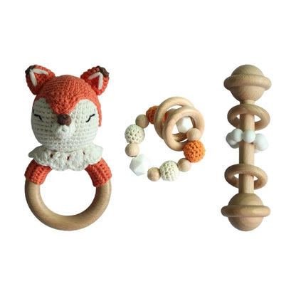 Handmade Crochet Baby Deer & Rabbit Stuffed Dolls with Wooden Teething Ring and Pacifier Chain Clips – Newborn Bunny Rattle Toy, 3 or 4 pcs Set