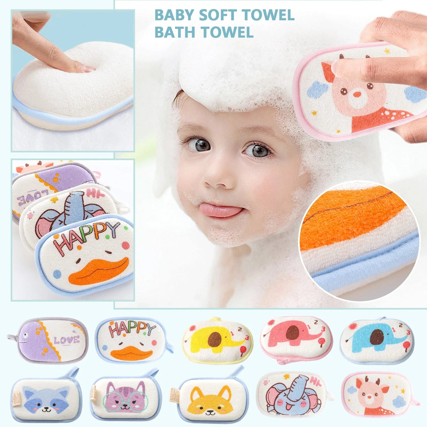 Baby Bath Sponge Brush | Soft Cotton Scrubber Towel with Elephant Pattern | Infant & Children Shower Bath Ball