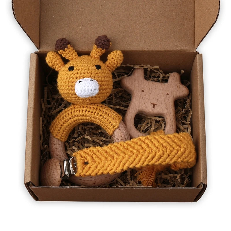 Crochet Bunny Baby Teether & Rattle Set | Beech Wooden Teething Ring + Pacifier Clip | Newborn Montessori Educational Toy