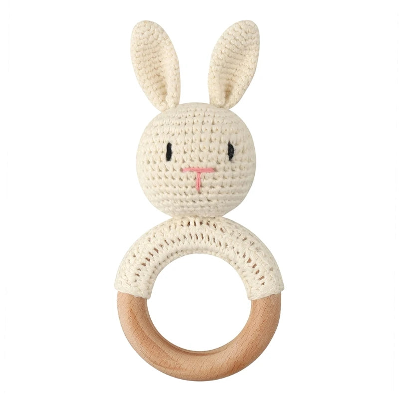 Crochet Bunny Baby Teether & Rattle Set | Beech Wooden Teething Ring + Pacifier Clip | Newborn Montessori Educational Toy