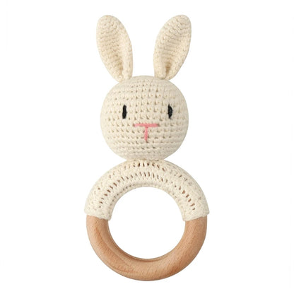 Crochet Bunny Baby Teether & Rattle Set | Beech Wooden Teething Ring + Pacifier Clip | Newborn Montessori Educational Toy