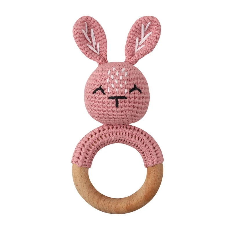 Crochet Bunny Baby Teether & Rattle Set | Beech Wooden Teething Ring + Pacifier Clip | Newborn Montessori Educational Toy