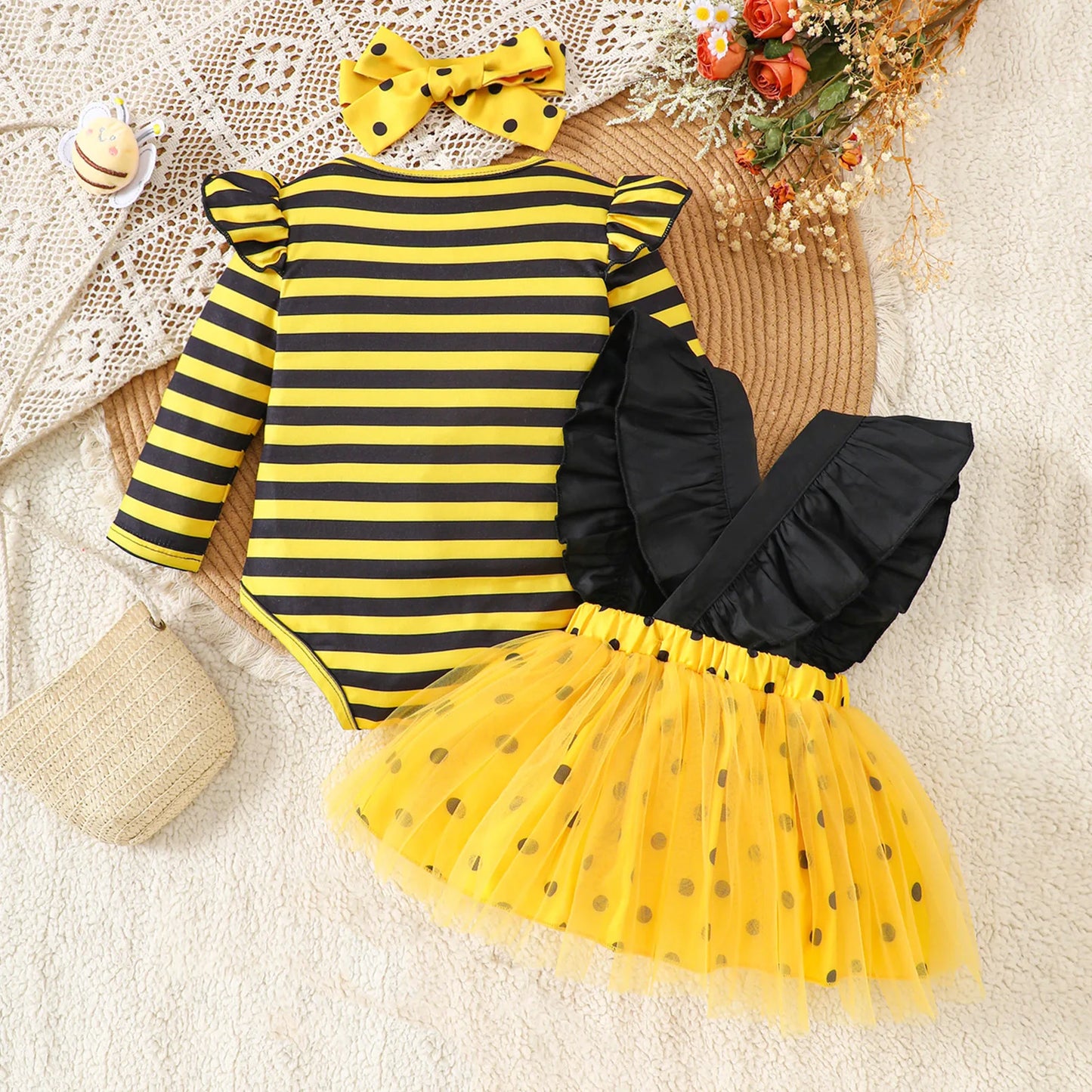 Baby Girl Bee Halloween Costume Set | Infant Romper + Tulle Suspender Dress | Newborn & Toddler Party Outfit