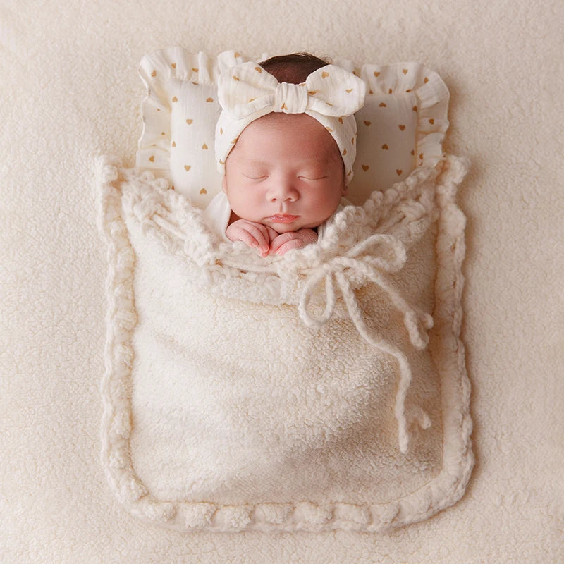 Newborn Photography Wrap & Backdrop Set – Soft Beige Blanket with Pocket, Bow Headband & Pillow | Baby Photo Shoot Props (0–1 Month)
