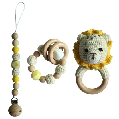 Handmade Crochet Baby Deer & Rabbit Stuffed Dolls with Wooden Teething Ring and Pacifier Chain Clips – Newborn Bunny Rattle Toy, 3 or 4 pcs Set