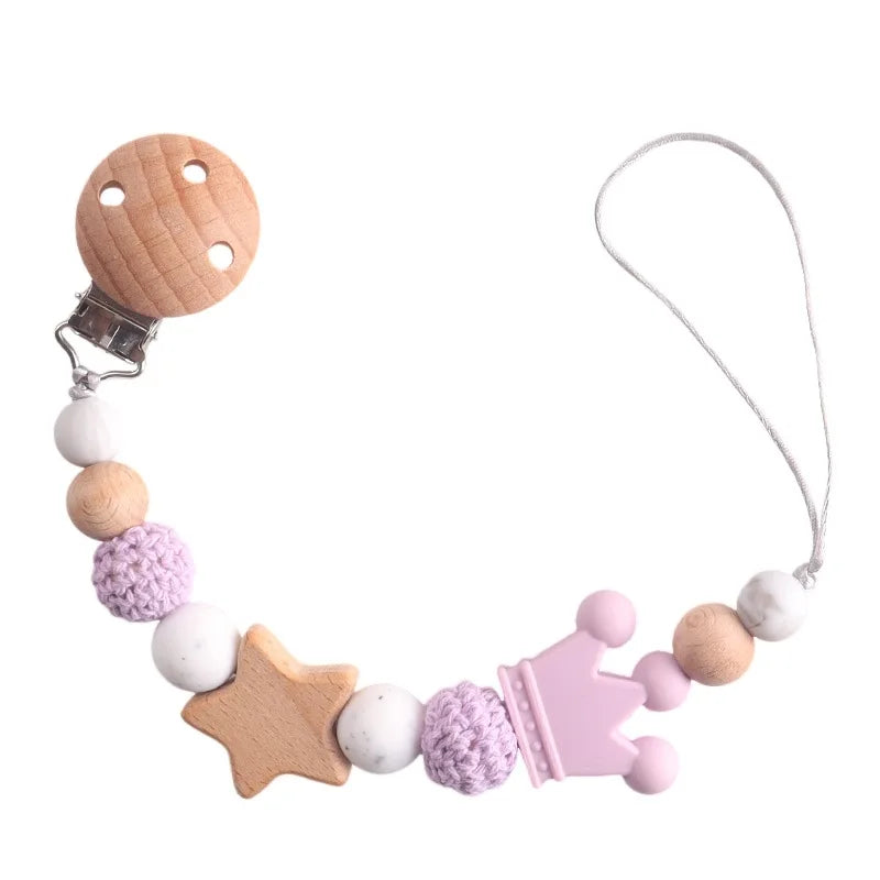 Baby Pacifier Chain Clip | Wooden Pentagram Teether with Silicone Round Beads | Safe Teething Chain & Soother Holder
