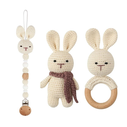 Handmade Crochet Baby Deer & Rabbit Stuffed Dolls with Wooden Teething Ring and Pacifier Chain Clips – Newborn Bunny Rattle Toy, 3 or 4 pcs Set