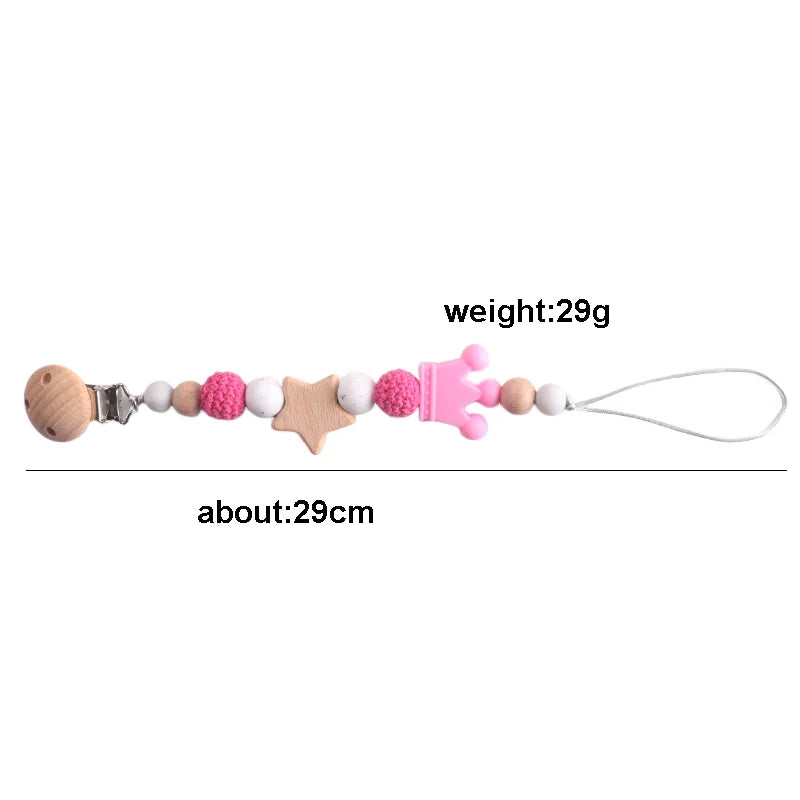 Baby Pacifier Chain Clip | Wooden Pentagram Teether with Silicone Round Beads | Safe Teething Chain & Soother Holder