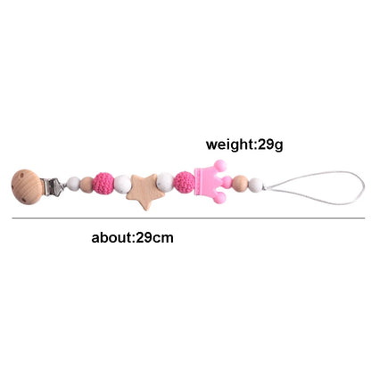 Baby Pacifier Chain Clip | Wooden Pentagram Teether with Silicone Round Beads | Safe Teething Chain & Soother Holder