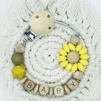 Custom Name Baby Pacifier Clip | Silicone Beads Flower Ring Teething Chain | Eco-Friendly Beech Wood Dummy Holder