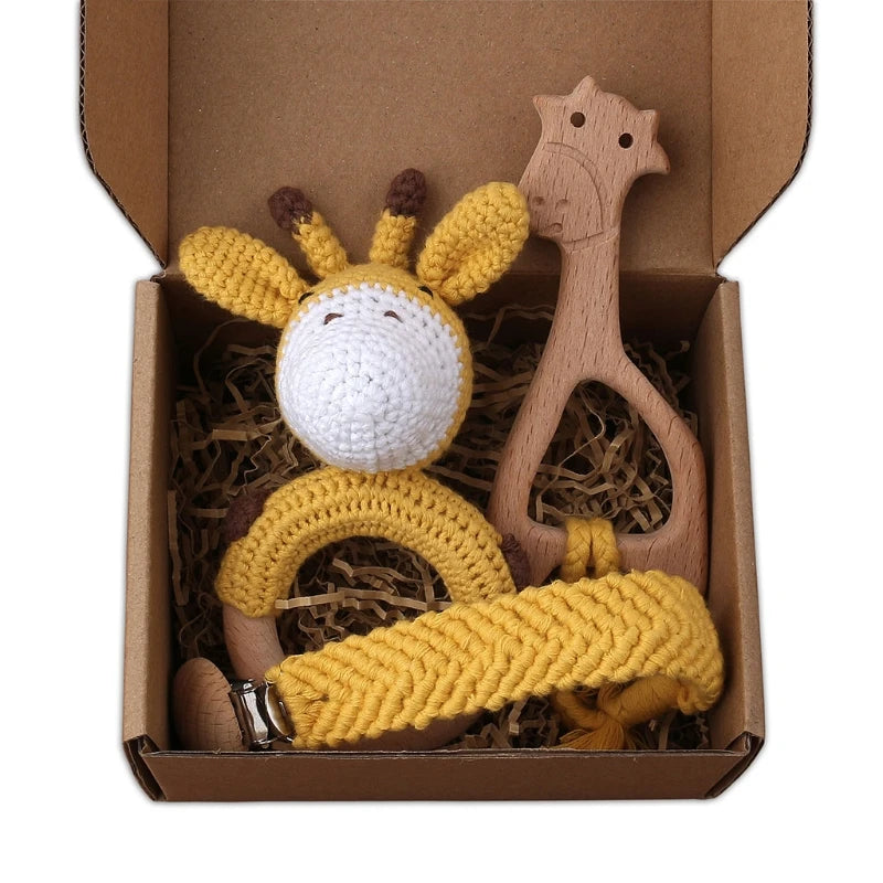 Crochet Bunny Baby Teether & Rattle Set | Beech Wooden Teething Ring + Pacifier Clip | Newborn Montessori Educational Toy