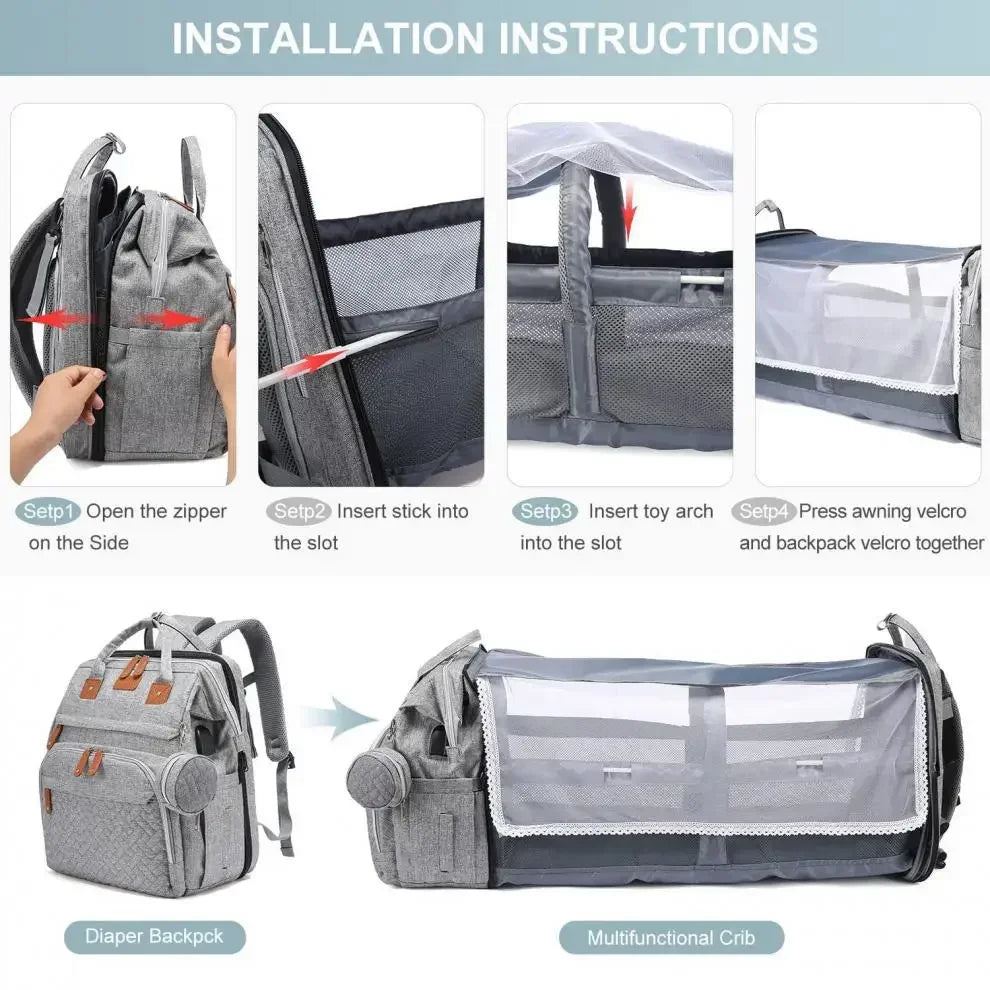 Portable Baby Diaper Bag with Changing Station – Travel Bassinet, Folding Crib, Shade Cloth & Waterproof Changing Pad