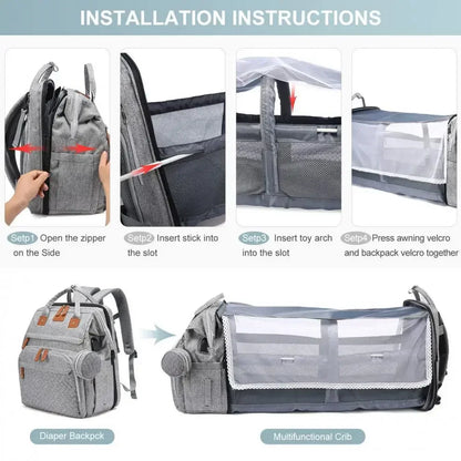 Portable Baby Diaper Bag with Changing Station – Travel Bassinet, Folding Crib, Shade Cloth & Waterproof Changing Pad
