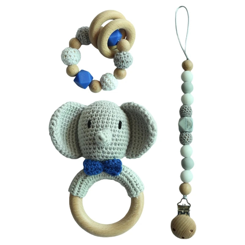 Handmade Crochet Baby Deer & Rabbit Stuffed Dolls with Wooden Teething Ring and Pacifier Chain Clips – Newborn Bunny Rattle Toy, 3 or 4 pcs Set