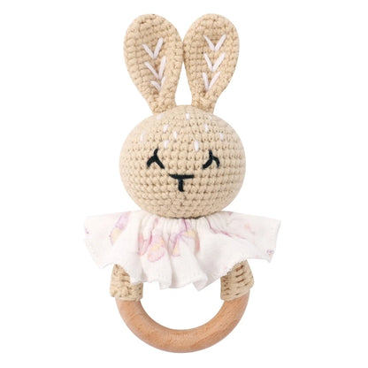 Crochet Bunny Baby Teether & Rattle Set | Beech Wooden Teething Ring + Pacifier Clip | Newborn Montessori Educational Toy