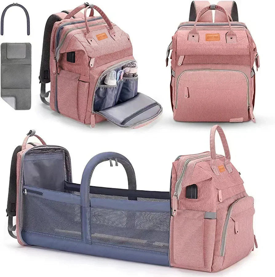 Portable Baby Diaper Bag with Changing Station – Travel Bassinet, Folding Crib, Shade Cloth & Waterproof Changing Pad