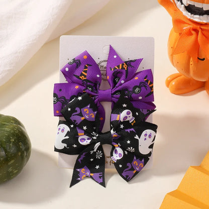 2PCS Baby Girl Halloween Hair Bows | Pumpkin Ghost Print Hair Clips | Toddler Kids Bowknot Hairpins & Accessories