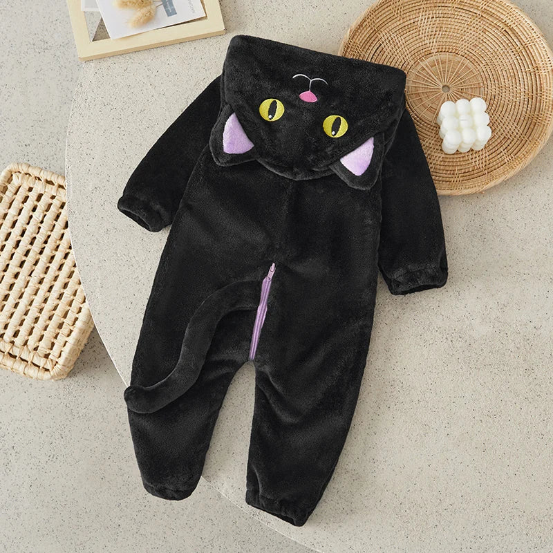 Suefunskry Baby Halloween Cat Costume | Toddler Cosplay Hooded Jumpsuit | Long Sleeve Zipper Romper Outfit for Boys & Girls