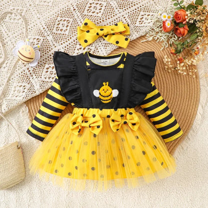 Baby Girl Bee Halloween Costume Set | Infant Romper + Tulle Suspender Dress | Newborn & Toddler Party Outfit