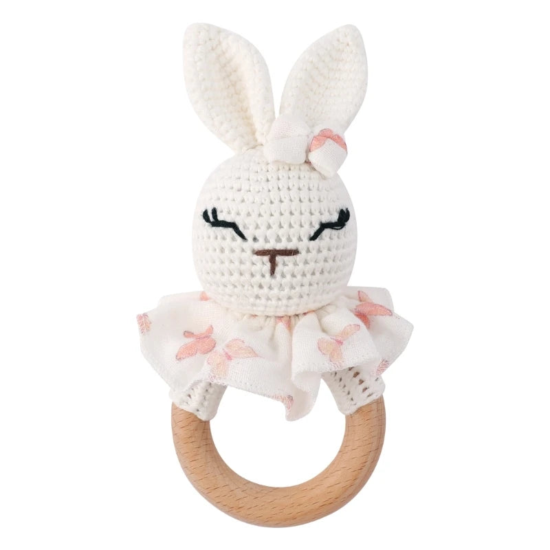 Crochet Bunny Baby Teether & Rattle Set | Beech Wooden Teething Ring + Pacifier Clip | Newborn Montessori Educational Toy