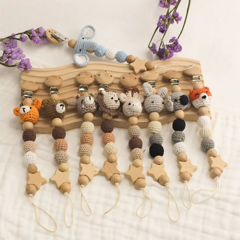 Baby Wooden Pacifier Clip | Crochet Cartoon Teething Soother Chain | BPA-Free Nursing Dummy Holder for Infants