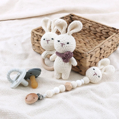Handmade Crochet Baby Deer & Rabbit Stuffed Dolls with Wooden Teething Ring and Pacifier Chain Clips – Newborn Bunny Rattle Toy, 3 or 4 pcs Set